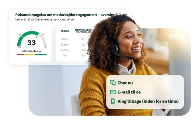 Kvinde iført headset ser på computerskærmen ved siden af resultaterne for medarbejderengagement i en oversigt over 2. kvartal med en NPS på 33