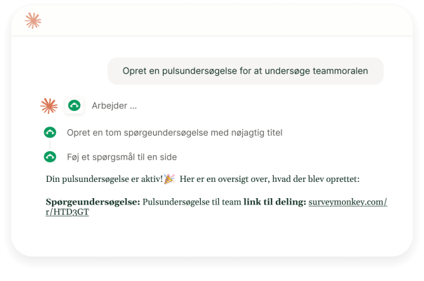 Brugergrænseflade, der viser en AI-assistent, som opretter en pulsundersøgelse for at undersøge teammoralen og genererer et link til SurveyMonkey til at dele