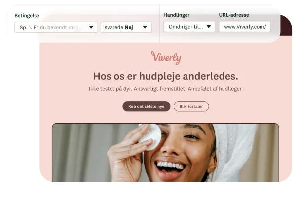 Skærmbillede af en modalbetingelse, hvor en dynamisk omdirigering er aktiveret, hvis et spørgsmål i spørgeundersøgelse besvares med nej