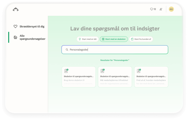 En brugergrænseflade til SurveyMonkey, der viser et søgefelt med teksten Personalegoder Under feltet vises tre kort med skabeloner til spørgeundersøgelser som søgeresultater, inklusive Skabelon til spørgeundersøgelse om personalegoder.