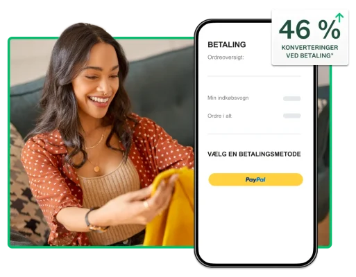 Kvinde kigger på telefon ved siden af skærmbillede af betalingsside med mulighed for at betale med PayPal