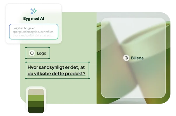 Brugergrænseflade til AI-spørgeundersøgelsesværktøj, der genererer en brugertilpasset spørgeundersøgelse om produktfeedback med pladsholder med logo, billede og farvepalet.