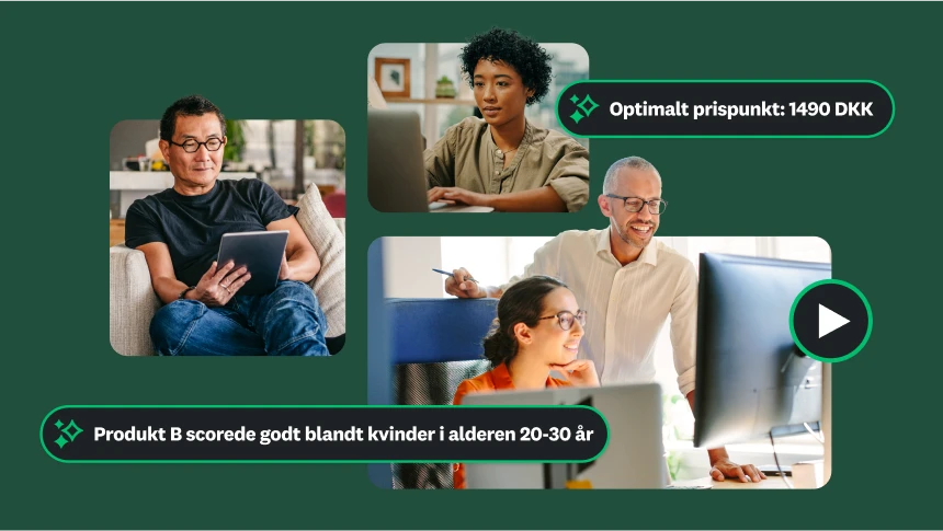Billeder af forskellige mennesker, der arbejder på bærbare computere og tablets, med indsigter, som viser, at det optimale prispunkt er 149 USD, og at produkt B fik gode resultater blandt kvinder i alderen 20-30 år
