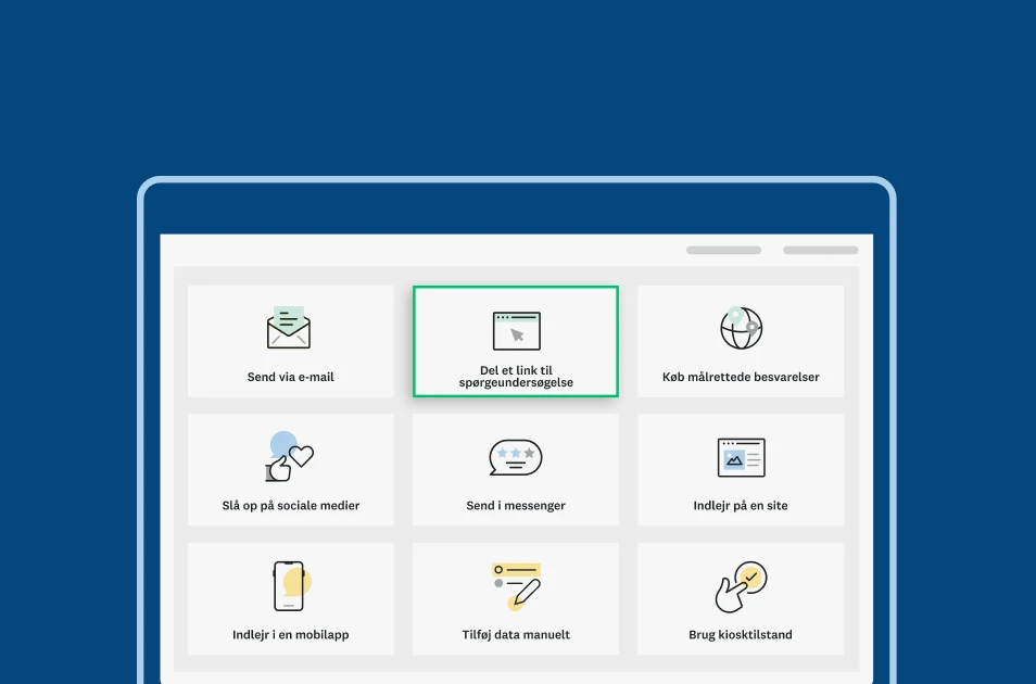 Skærmbillede af en SurveyMonkey-side, som viser forskellige måder at dele en spørgeundersøgelse på.