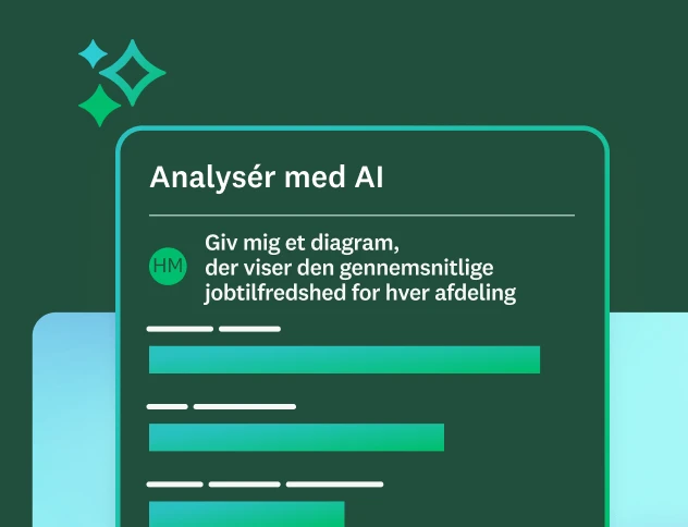 Et panel med teksten: "Analysér med AI" viser en prompt til "en gennemsnitlig jobtilfredshed for hver afdeling" med et søjlediagram som resultat.