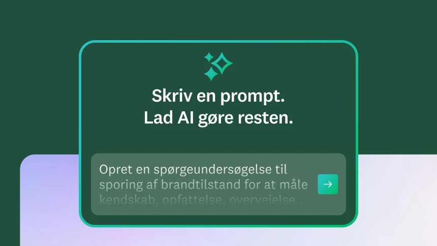 Modal, der siger: &quot;Skriv en prompt, så klarer AI resten&quot;, og prompten nedenunder siger: &quot;Opret en spørgeundersøgelse til sporing af brandtilstand for at måle bevidsthed, opfattelse, overvejelse og