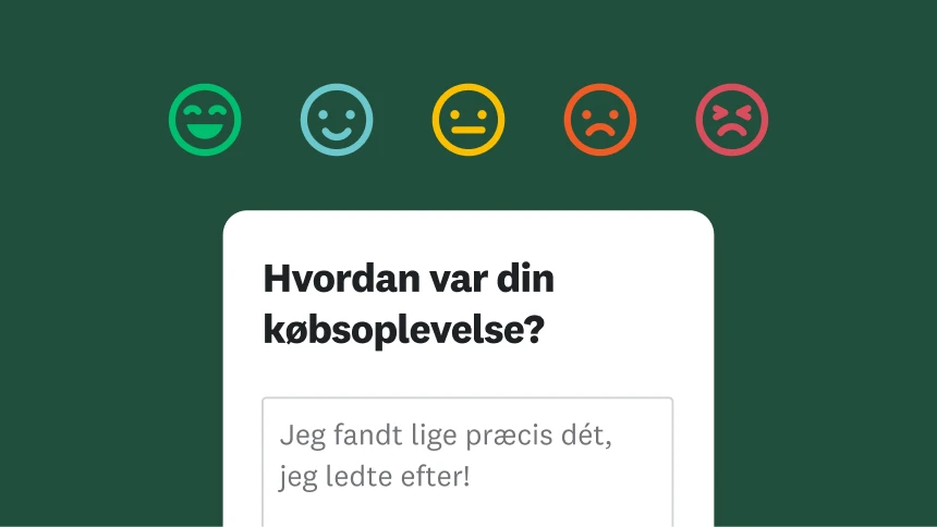 Fem forskellige emoji-ansigter, der spænder fra smilende til rynket pande, ved siden af spørgsmålet om, hvordan købsoplevelsen var og svaret: Jeg fandt lige præcis dét, jeg ledte efter