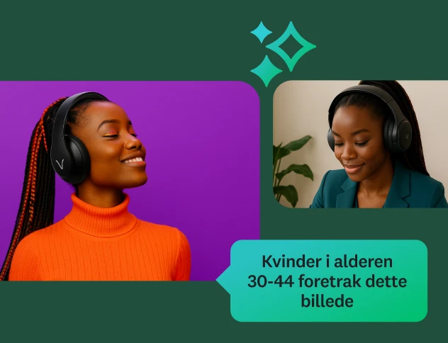 To billeder af en kvinde med høretelefoner. Det første viser en smilende kvinde på en lilla baggrund, og det andet viser en kvinde foran en laptop. Boks med billedteksten: "Kvinder i alderen 30-44 år foretrak dette billede", som et eksempel på en demografisk indsigt.