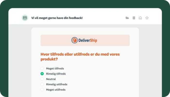 En forhåndsvisning af en e-mail, der viser en indlejret spørgeundersøgelse om produkttilfredshed fra DeliverShip.