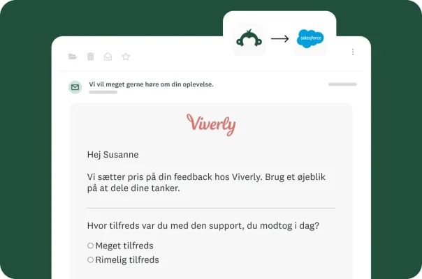 Der bliver vist en personlig e-mailinvitation fra Viverly med emnet "Hej Natalie" Mailen beder om feedback på modtaget support. Pilgrafik viser data, der flyder fra et SurveyMonkey-logo til et Salesforce-logo.