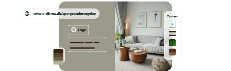 Brugerdefineret grænseflade til oprettelse af spørgeundersøgelser, der viser et brugerdefineret domæne, logobranding og valgmuligheder for temaer.