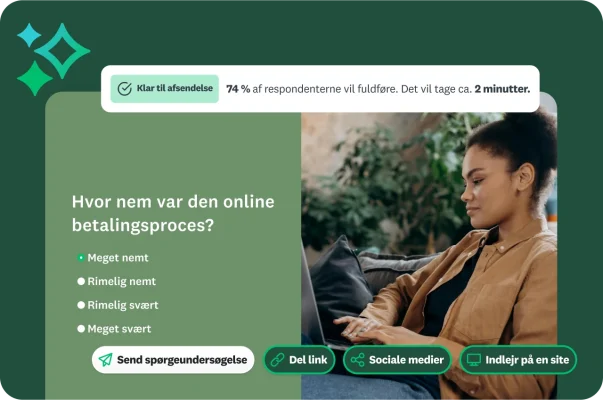 Kvinde, der skriver på en bærbar computer, ved siden af et spørgsmål om, hvor nem den online betalingsproces var, med en besked om at spørgeundersøgelsen er klar til at blive sendt, og at 74 % af respondenterne vil besvare den