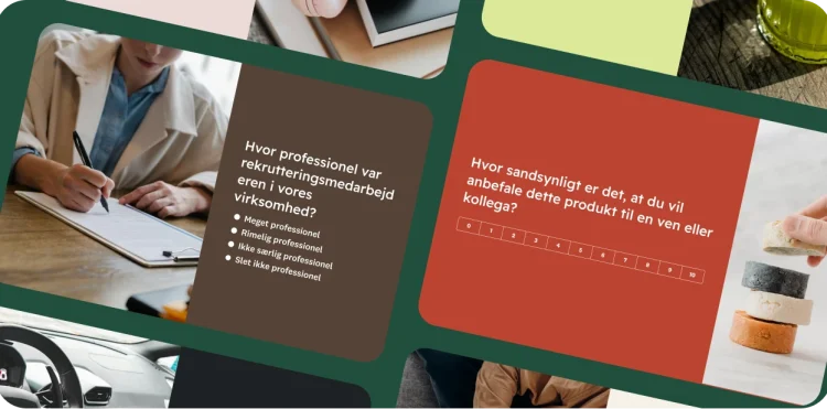 En collage med forskellige skabeloner til spørgeskemaer. Et spørgeskema spørger om en rekrutteringsmedarbejders professionalisme og et andet spørger, hvor sandsynligt det er, at nogen vil anbefale et produkt.