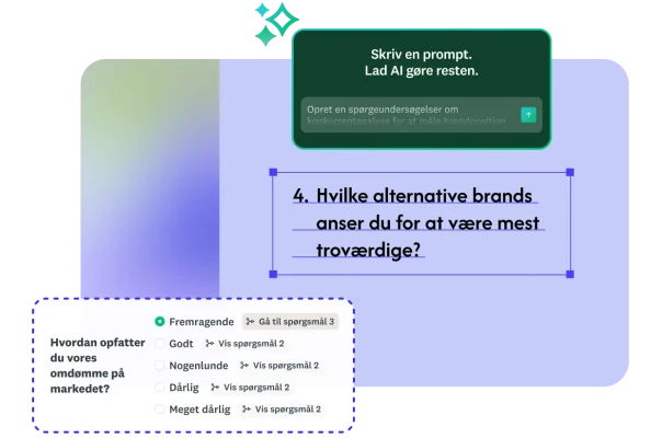 Byg med AI, som viser en bruger i færd med at oprette en spørgeundersøgelser om konkurrentanalyse ved blot at indtaste en prompt, hvorefter spørgsmålene blev genereret automatisk