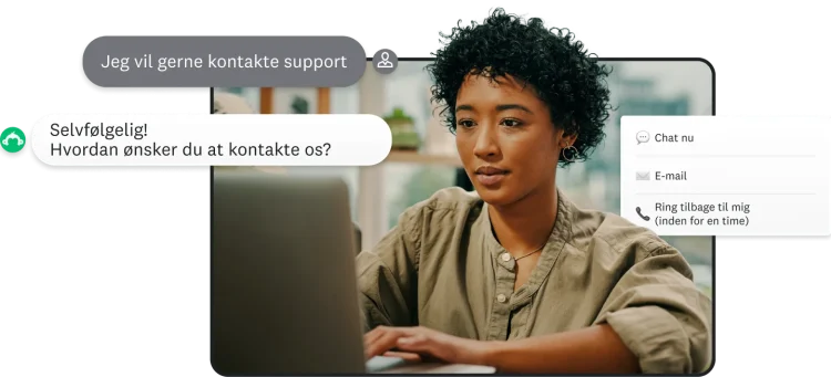 En person skriver på en bærbar computer ved siden af forskellige muligheder for at kontakte SurveyMonkey, herunder chat. e-mail og telefon.