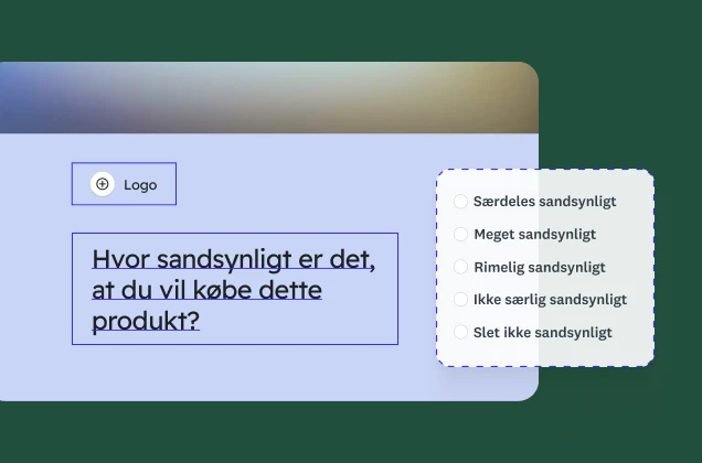 En spørgeundersøgelsesformular med spørgsmålet "Hvor sandsynligt er det, at du ville købe dette produkt?" med en 5-trins vurderingsskala. En pladsholder til et logo er synlig.
