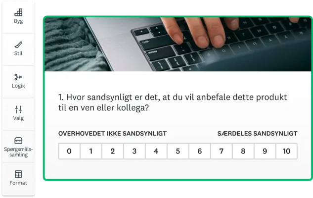 Skærmbillede af et spørgsmål med en Likert-skala til spørgeundersøgelse der spørger, hvor sandsynligt det er, at du ville anbefale et produkt