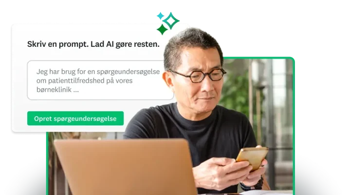 Mand kigger på telefonskærm ved siden af skærmbillede af SurveyMonkey-geni, der beder brugeren om at skrive en prompt, hvorefter værktøjet vil gøre resten