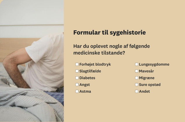En &quot;Formular til sygehistorie&quot; med en liste over medicinske tilstande og afkrydsningsfelter. Formularen vises ud for et foto af en person, der sidder i en hospitalsseng.