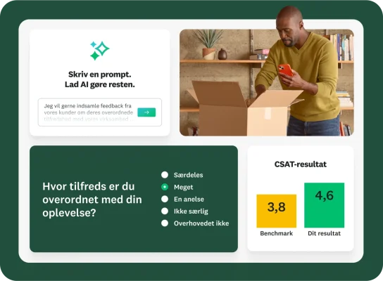 Modal, der giver vejledning til brugeren om at skrive en prompt og lade AI gøre resten, hvor inputtet er: Jeg vil gerne indsamle feedback fra vores kunder om deres generelle tilfredshed med vores virksomhed, ved siden af et spørgsmål i en spørgeundersøgelse, der spørger, hvor tilfreds du overordnet er med din oplevelse, ved siden af et søjlediagram med CSAT-resultater, der viser en benchmark i forhold til dit resultat