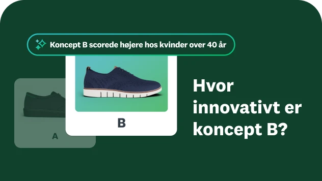 Billeder af to forskellige sko, hvor indsigten viser, at koncept B scorede højere hos kvinder over 40 år, og et spørgsmål om, hvor innovativt koncept B er