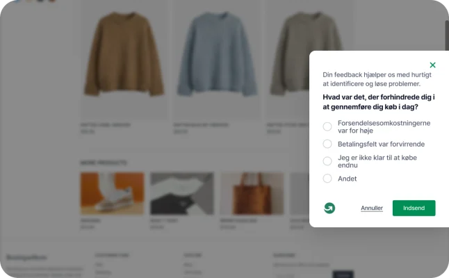 En katalogside med produkter i en webshop, der viser en udløst spørgeundersøgelse om exithensigt fra GetFeedback, der spørger, hvorfor brugeren forlader siden ud at købe noget.