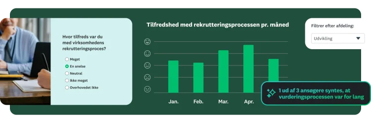 Et søjlediagram viser tilfredsheden med rekrutteringsprocessen fordelt på måned og afdeling.