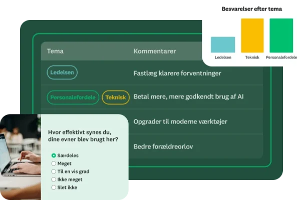 En person skriver på en bærbar computer med overlejringer, der viser spørgsmål i en spørgeundersøgelse og temabaserede besvarelser.