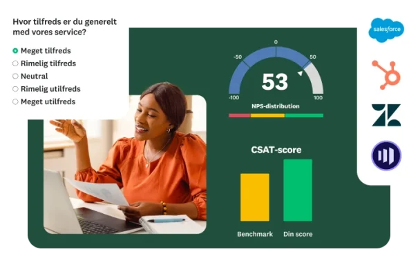 En kvinde ved et skrivebord ser på spørgeundersøgelsesspørgsmål på et dashboard, der viser CSAT- og NPS‑resultater.