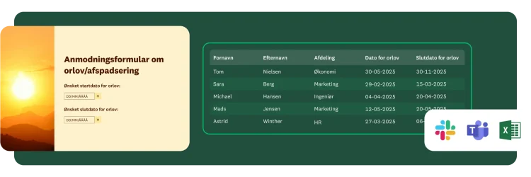 Skabelon til anmodningsformular om orlov/afspadsering med relaterede datoer for start og slut ved siden af en tabel, der viser navnene på forskellige medarbejdere og deres ønskede datoer for orlov/afspadsering