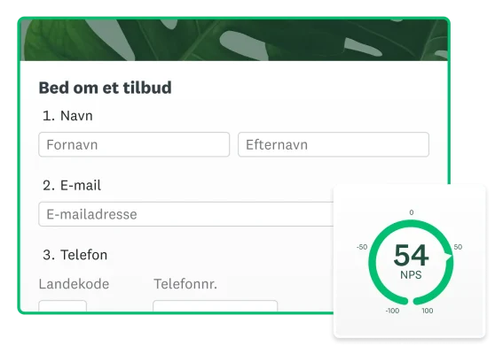 Et produktskærmbillede af en formular til anmodning om et tilbud og en NPS-score