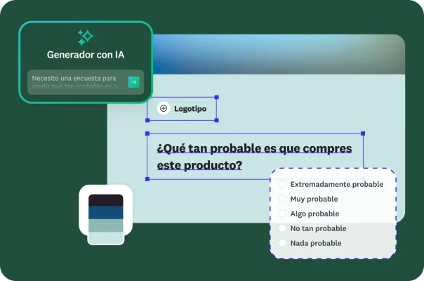 Una interfaz de usuario para crear encuestas con IA. Un cuadro de texto sugiere crear una encuesta para medir la probabilidad de que los clientes compren un producto. Un formulario de encuesta muestra una pregunta para saber qué tan probable es que el encuestado compre un producto, con opciones de respuesta en una escala de cinco puntos.