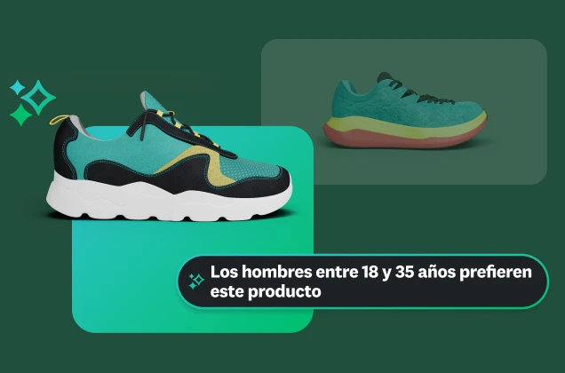 Una gráfica muestra dos vistas de un calzado para correr. Un cuadro de texto dice que los hombres de entre 18 y 35 años prefirieron cierto producto, destacando una información demográfica específica.