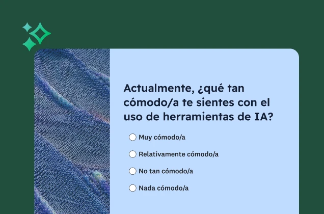 Una pregunta de encuesta para saber qué tan cómodo está el encuestado con el uso de herramientas de IA. Las opciones van desde Muy cómodo hasta Nada cómodo.