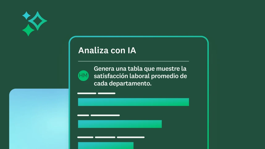 En una pantalla se muestran indicaciones para un análisis impulsado por IA donde se solicita generar una tabla de promedios de satisfacción laboral para cada departamento.