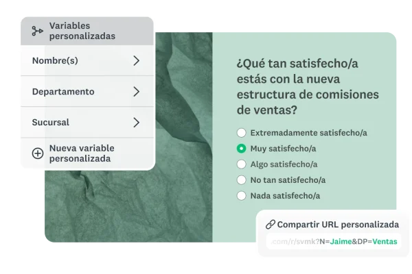 Pantalla que muestra cómo usar variables como nombre o sucursal para personalizar la URL de la encuesta y capturar en automático detalles de los encuestados.