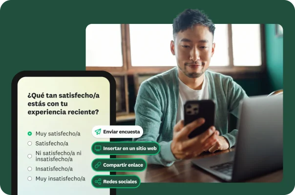 Un hombre usa su teléfono, a un lado hay una captura de pantalla superpuesta de una encuesta de satisfacción y opciones para compartir.