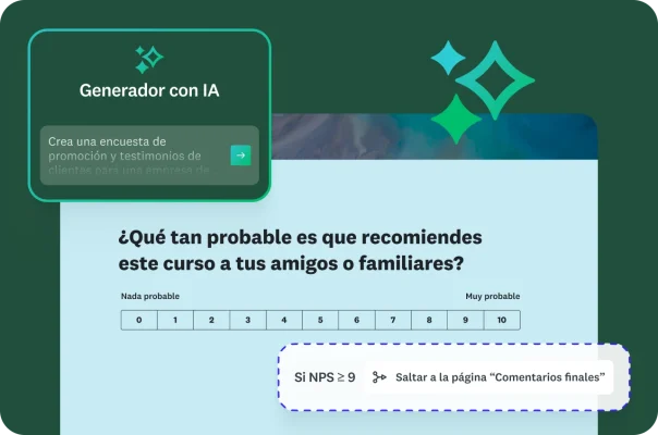 Una pregunta de recomendación de NPS con lógica de exclusión e indicaciones de IA para crear una encuesta de promoción y testimonios de clientes.