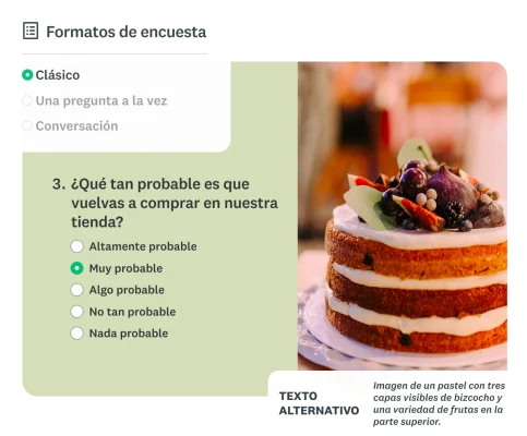 Encuesta con la imagen de un pastel. Abajo, cuadro de texto alternativo. A la izquierda, opciones para el formato de la encuesta.