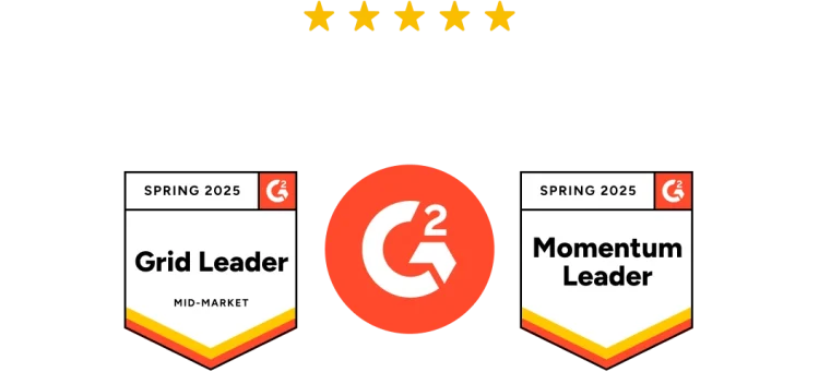 Dos insignias de premios de G2 para la primavera de 2025: líder de Grid y líder de Momentum.