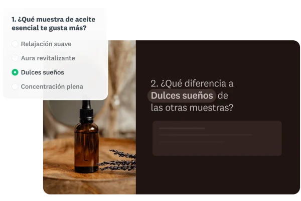 Encuesta que representa una canalización extendida. Al seleccionar “Dulces Sueños” como aceite esencial, se abre una pregunta que lo incluye.