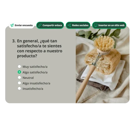 Cuadro con pregunta de encuesta: En general, ¿qué tan satisfecho/a estás con nuestro producto?