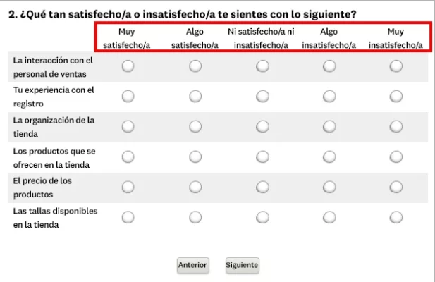 Preguntas de matriz con ponderaciones