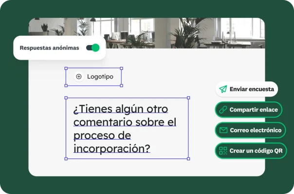 Una pantalla de creación de encuestas de incorporación con opciones para enviar, compartir y hacer que las respuestas sean anónimas.