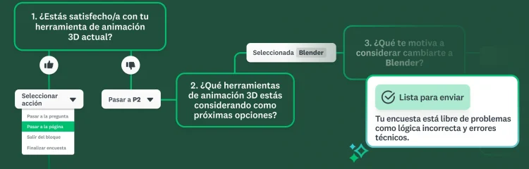 Vista de un diagrama de flujo de la lógica de encuesta, que muestra la acción Pasar a la página del menú desplegable, con la confirmación Lista para enviar.