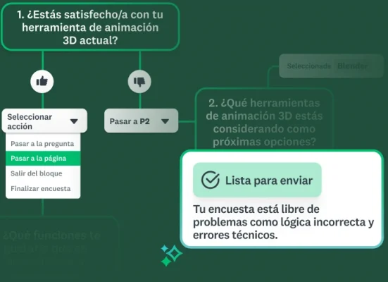Vista de un diagrama de flujo de la lógica de encuesta, que muestra la acción Pasar a la página del menú desplegable, con la confirmación Lista para enviar.