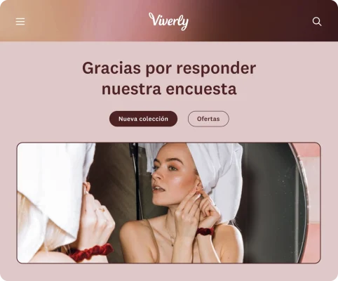 La página final de una encuesta de Viverly con enlaces para ver la nueva colección y las ofertas de la tienda.