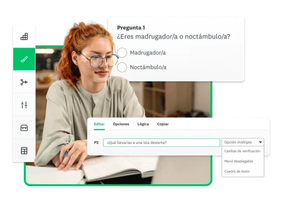 Una mujer con un cuaderno, junto a dos preguntas de encuesta de opción múltiple. La primera pregunta es sobre si el usuario es madrugador o noctámbulo. La segunda muestra un editor de encuestas con opciones para cambiar las opciones de respuesta a casillas de verificación, menús desplegables o cuadro de texto.