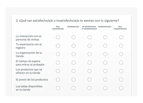 Captura de pantalla de un tipo de pregunta de encuesta de matriz