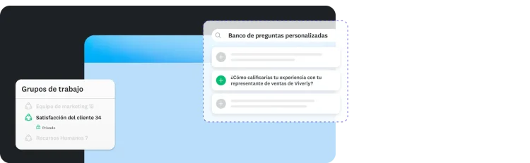 Ventana de grupos de trabajo y ventana de banco de preguntas personalizadas que muestra diferentes preguntas de encuesta